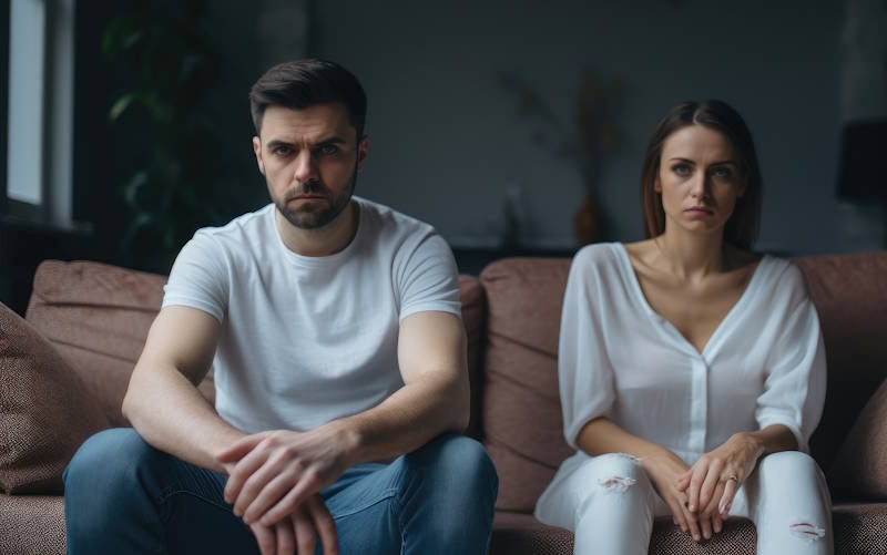 Couple assis sur un canapé, visiblement distant et pensif, illustrant la tension émotionnelle et le manque de confiance évoqués par la jalousie dans la relation.